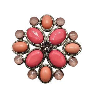 Vintage Pink Peach Floral Medallion Brooch Pin With Rhinestone Accents